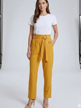 Grace Karin Mustard Paperbag Waist Tie Belt Trousers